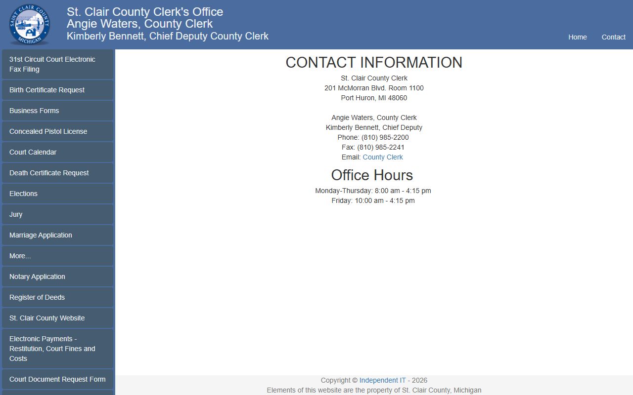 St. Clair County Clerk contact page with court records office phone and hours
