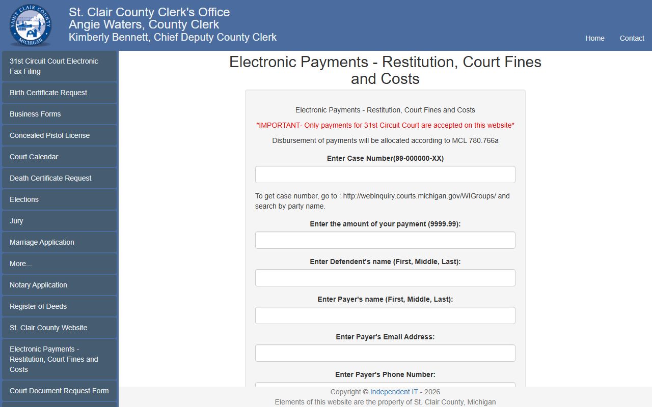 St. Clair County 31st Circuit Court electronic payments page for court fines and restitution
