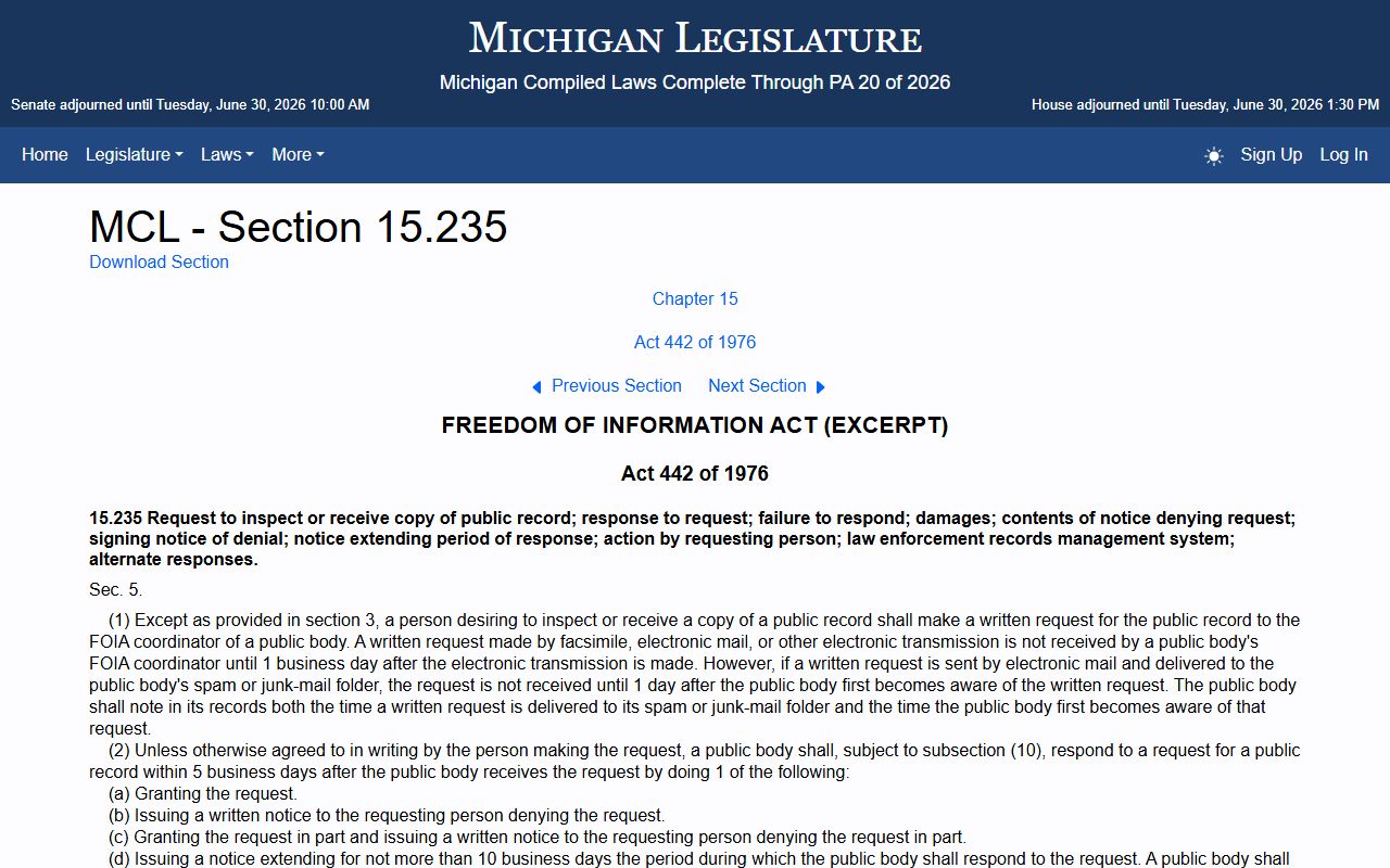 St. Clair County court records request timing under Michigan FOIA statute MCL 15.235