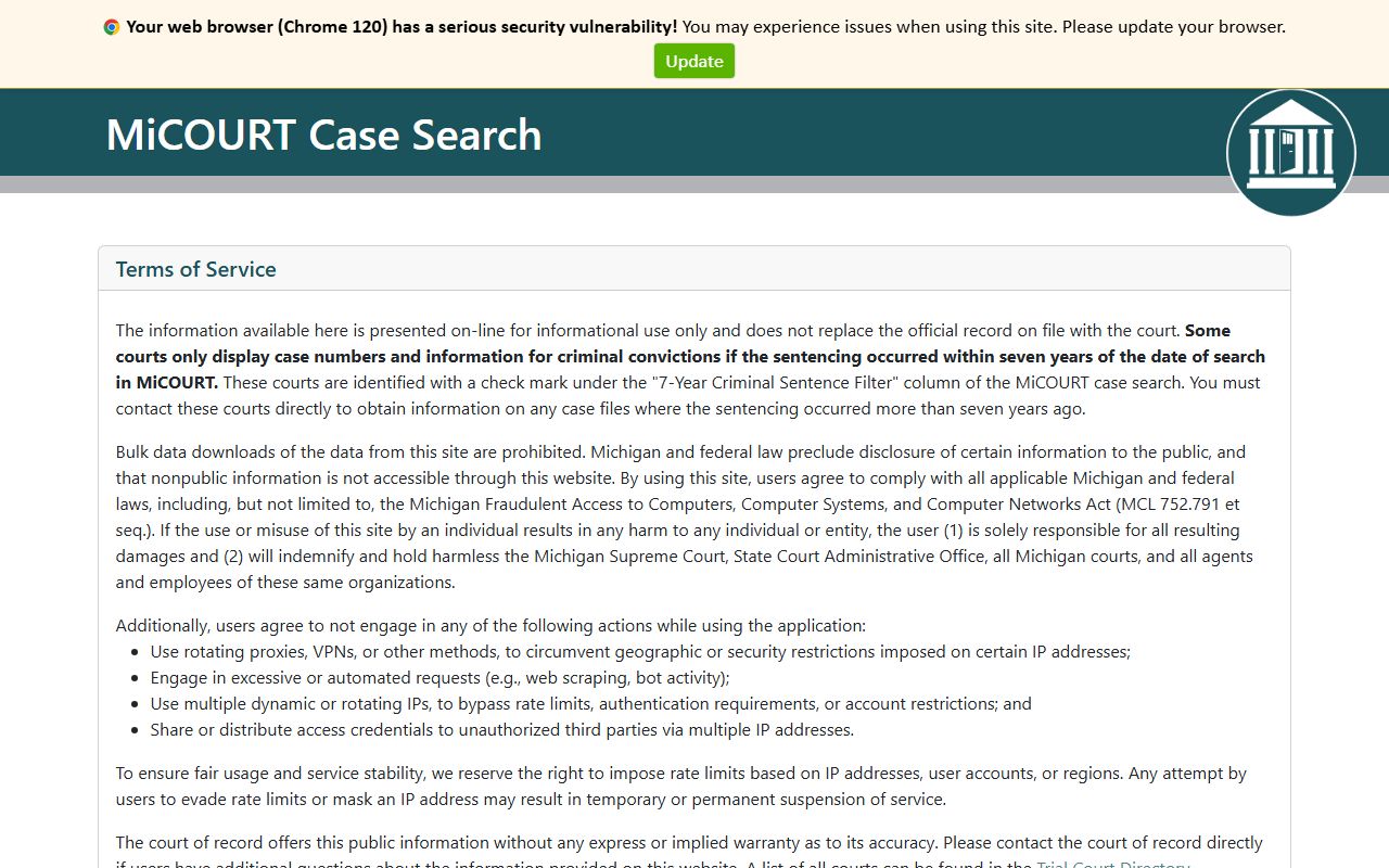 St. Clair County court records search on the Michigan MiCOURT Case Search portal