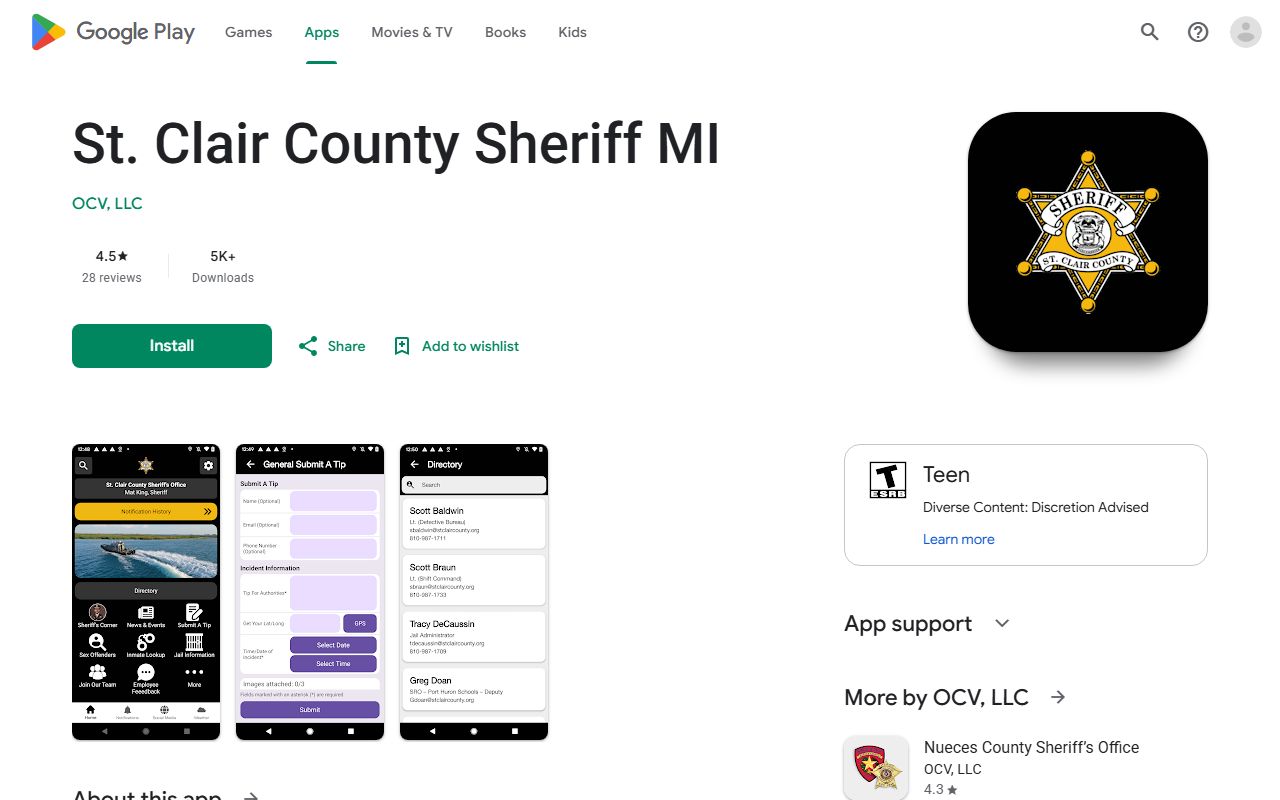 St. Clair County Sheriff MI app listing used for warrant tips and public-safety news
